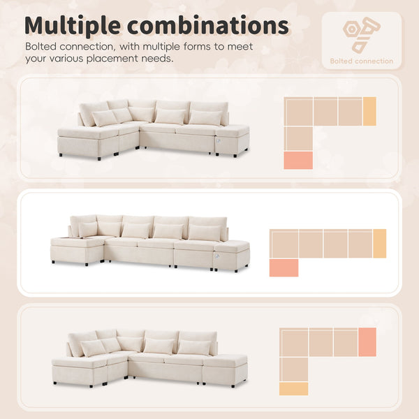 English Elm [video]107'' Chenille Sleeper Sectional with Usb Charging Storage Ottoman and Adjustable Armrest Beige N723S8782A