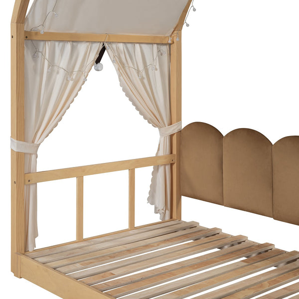 English Elm Twin Pinewood Ground-Level Canopy Bed with Arched Roof and Trundle for Kids—Whimsical, Sturdy Design Natural N820P181648N