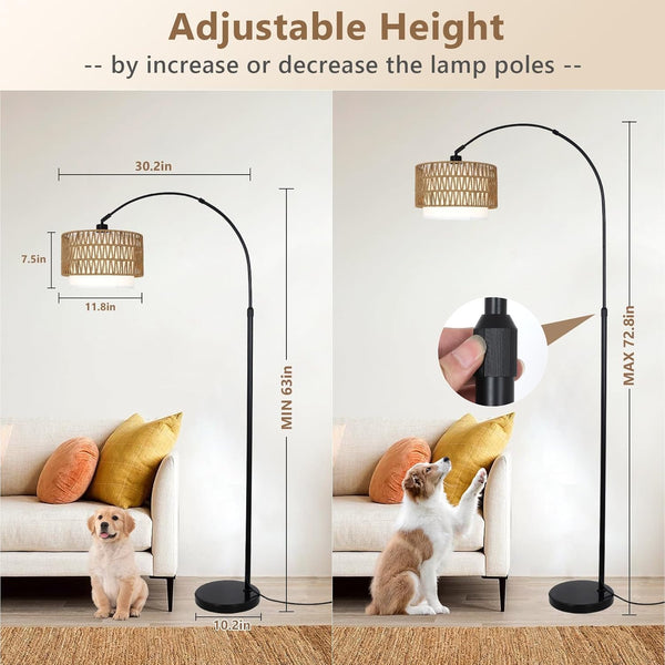 English Elm Arc Rattan Arc Floor Lamp with Remote & Dimmable LED, Height Adjustable, Boho Farmhouse Glow Brown+Black W2738P227438