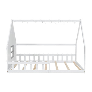 English Elm Full House Bed Frame with Window & Fence Playhouse Design, Sturdy Pine/MDF, Safe 400lb Capacity White N709P215545K