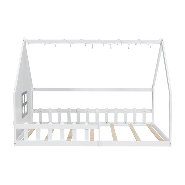 English Elm Full House Bed Frame with Window & Fence Playhouse Design, Sturdy Pine/MDF, Safe 400lb Capacity White N709P215545K