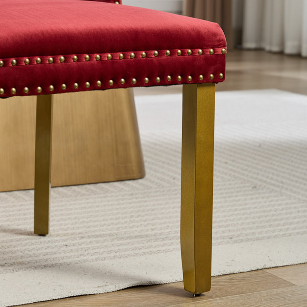 English Elm Mid-Century Lion Head Pull Ring Velvet Dining Chair with Tufted Cushion, Gold Wood Legs, Nailhead Trim WINE RED W1143P233645