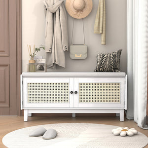 English Elm Trexm Bohemian Rattan Storage Bench Cushioned Seat Shoe Cabinet for Entryway Beige,White N715P308012K