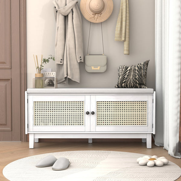 English Elm Trexm Bohemian Rattan Storage Bench Cushioned Seat Shoe Cabinet for Entryway Beige,White N715P308012K