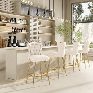 English Elm Bar Stools Set Of 2 In Beige Velvet With Gold Metal Legs, Wing-Back Design For Kitchen & Dining T3623P363044