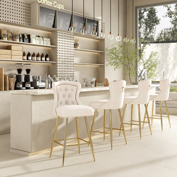 English Elm Bar Stools Set Of 2 In Beige Velvet With Gold Metal Legs, Wing-Back Design For Kitchen & Dining T3623P363044