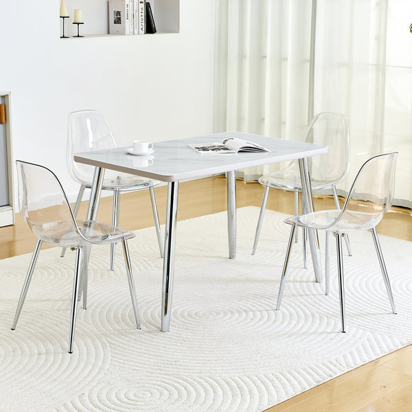 English Elm Table and Chair Set Marble Veined Glass Top Silver Legs with Four Clear Acrylic Seats W1151S04643