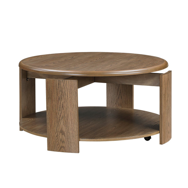 English Elm Stylish Oak Veneer 3 Piece Occasional Set with Swivel Cocktail Table and Open Shelves B011S02495
