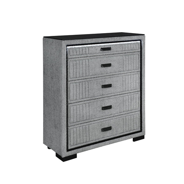 English Elm Isaiah Upholstered Wood Chest with LED Lighting, Spacious Drawers, Black Bar Handles & Block Feet Gray 42.56 L x 18.11 W x 47.44 H B201P391162