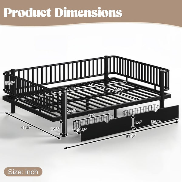English Elm Queen Storage Platform Bed Low Profile Metal Frame with Built-in Drawers for Small Spaces Black W5305P471352