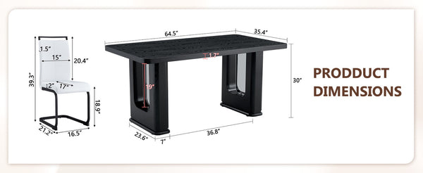 English Elm Table Set 64.5" Stylish Black Wood Dining Table With 6 White Pu Chairs - Modern Elegance For Your Home W1151S04303-GIGA