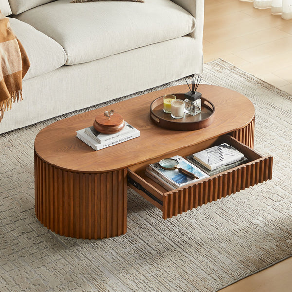 English Elm 51.18'' Oval Mdf Coffee Table with Hidden Drawer Mid-century Pedestal Base Brown W876P370284