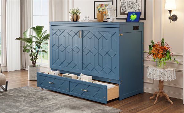 English Elm Queen Murphy Wall Bed Cabinet with Storage Drawer Built-in Power Outlets Usb Ports Navy Blue LP000400AAC-1