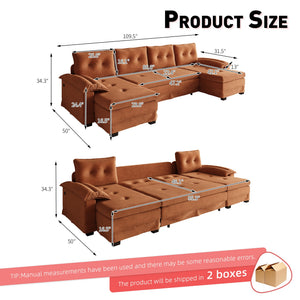 English Elm 109.5" Oversized U-shaped Sectional Sleeper Chenille Modular Sofa with Usb Ports Orange W1885S00440
