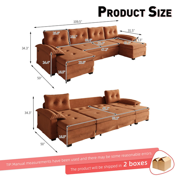 English Elm 109.5" Oversized U-shaped Sectional Sleeper Chenille Modular Sofa with Usb Ports Orange W1885S00440