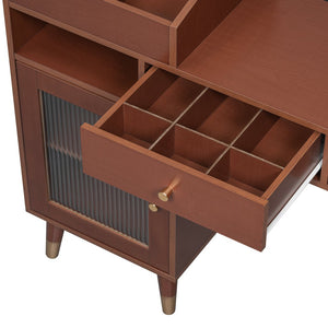 English Elm Modern Makeup Vanity Desk with Reeded Glass Door, 4-Compartment Cubby, Charging Port & Stool Comfortable Craftsmanship for Compact Spaces Walnut N844P285187W