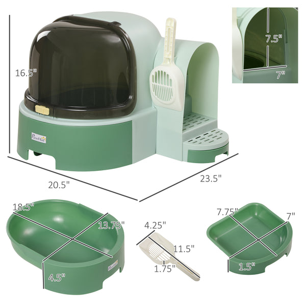 English Elm PawHut Space Capsule Covered Cat Litter Box with Removable Tray, Front Door Access & Odor Control Green W2225P229423