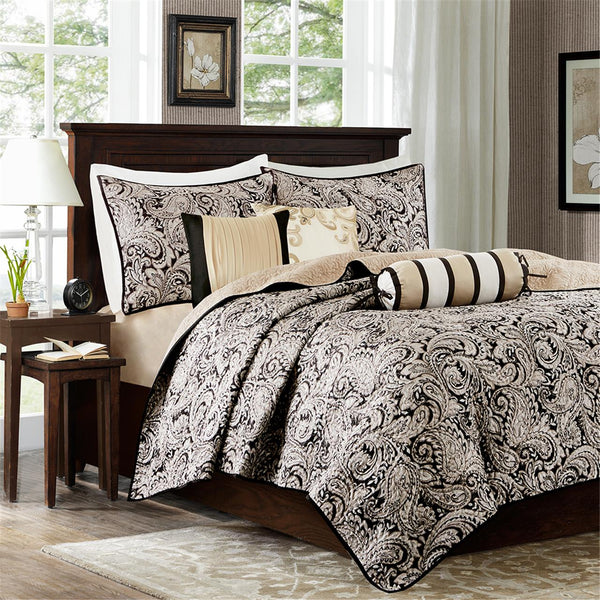 JLA Home Madison Park - 6 Piece Jacquard Quilt Set with Metallic Paisley Sheen, Reversible Texture and Hotel-Quality Finish 90 L x 90 W x 0.25H MP13-2694