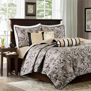 Madison Park Aubrey Traditional 6 Piece Jacquard Quilt Set with Throw Pillows MP13-2694 Black