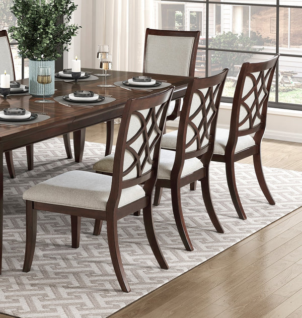 English Elm Formal Cherry Wood Extendable Dining Set with Walnut Inlay High Back Chairs B011S02264