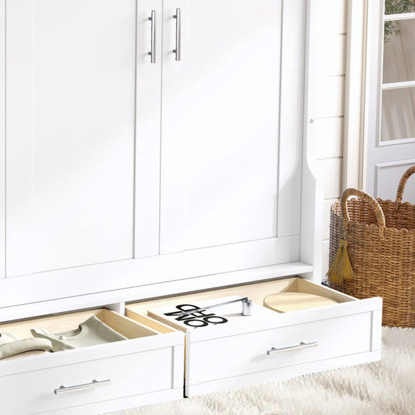 English Elm Queen Murphy Wall Bed with Side Cabinets Open Shelving and Drawers for Studio Rooms White W1580S00452