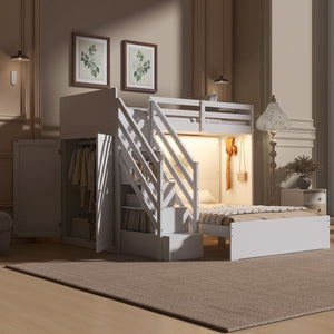 English Elm Twin Over Full Bunk Bed with Wardrobe Storage Stairs Shelves and Usb Charging White LT000292AAK