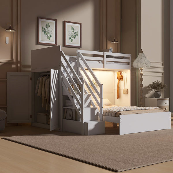 English Elm Twin Over Full Bunk Bed with Wardrobe Storage Stairs Shelves and Usb Charging White LT000292AAK