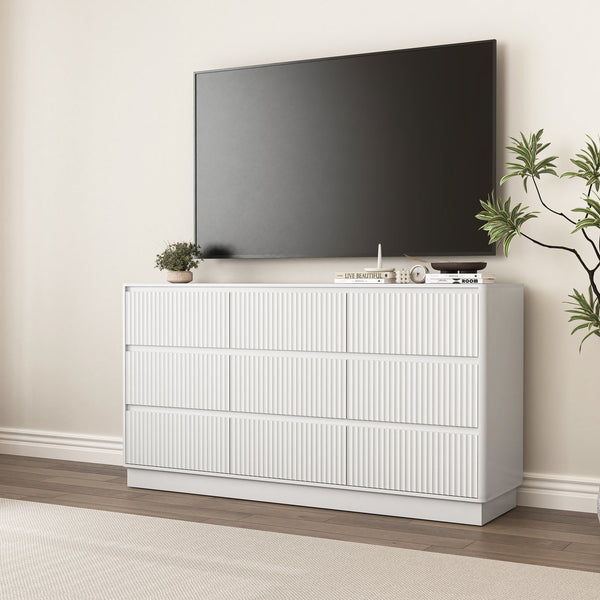 English Elm 9 Drawer Matte Wood Dresser with Wave Front Mid Century Modern Low Profile Storage White W409P387581