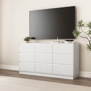 English Elm 9 Drawer Mid Century Wood Dresser Low Profile Matte Finish Bedroom Storage Cabinet White W409S00013
