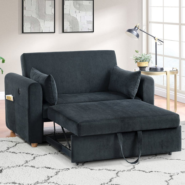 English Elm Corduroy Convertible Sleeper Loveseat with USB Charging, Magazine Pockets, Plush Pillows & Space-Saving Design Black B016P405883