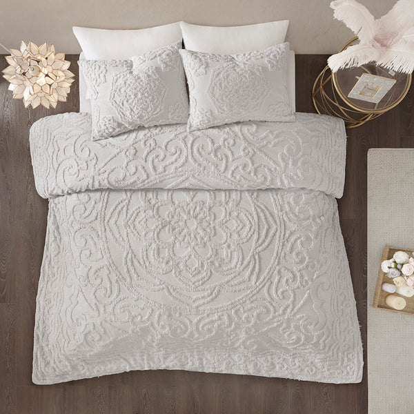 JLA Home Madison Park - 3-Piece Laetitia Tufted Cotton Chenille Medallion Comforter Set – Boho Shabby-Chic Textured OEKO-TEX Quality Grey MP10-5882