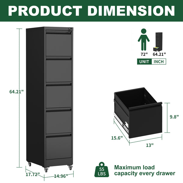 English Elm 5 Drawer Vertical File Cabinet on Wheels with Lock, Heavy-Duty Steel, Anti-Tilt Mobile Storage for A4/Letter/Legal Files Black T2398P310087