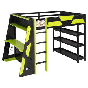 English Elm Full Size Gaming Loft Bed with Led Lighting Desk Shelves and Usb Charging Ports N820S00076F