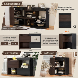 English Elm Set of 2 Extendable Rotating Storage Cabinets 32.5"-58.8" W, Black & Walnut Modern Buffet Sideboard SN845P261744D