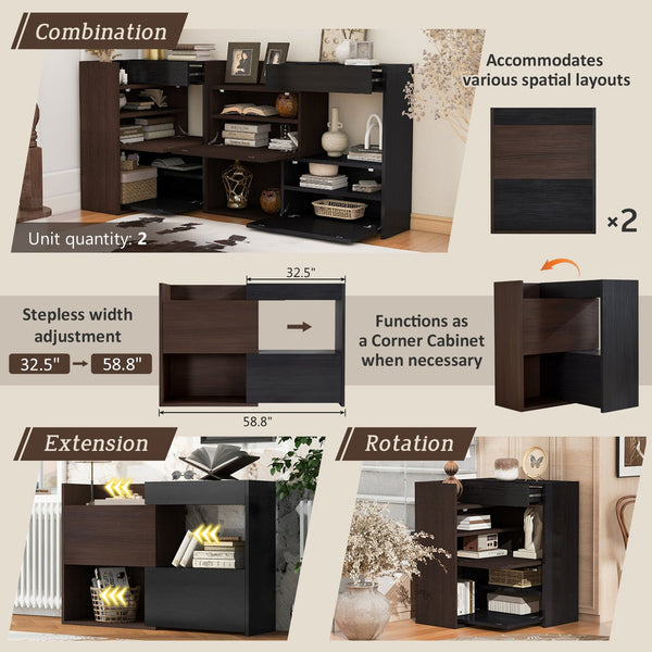 English Elm Set of 2 Extendable Rotating Storage Cabinets 32.5"-58.8" W, Black & Walnut Modern Buffet Sideboard SN845P261744D