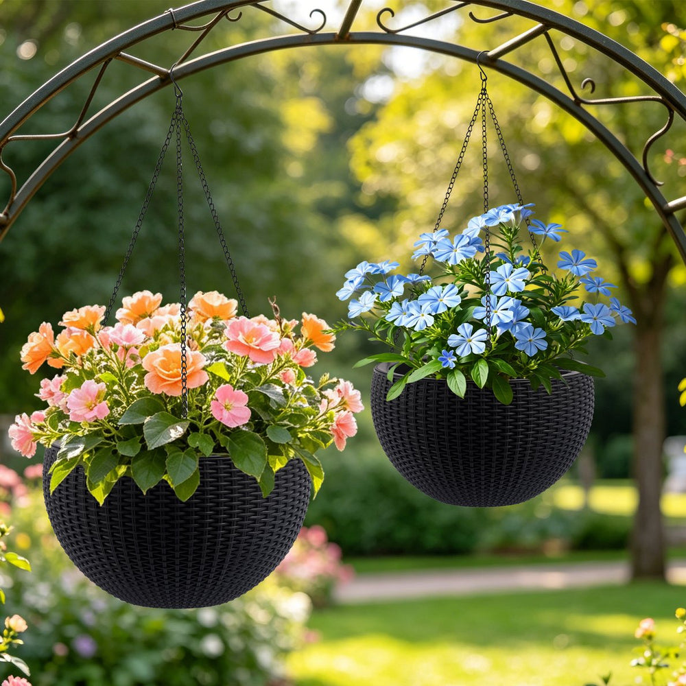 English Elm 13.4 Inch Rattan Texture Self Watering Hanging Planter with Reservoir for Balcony Black W3213P383075