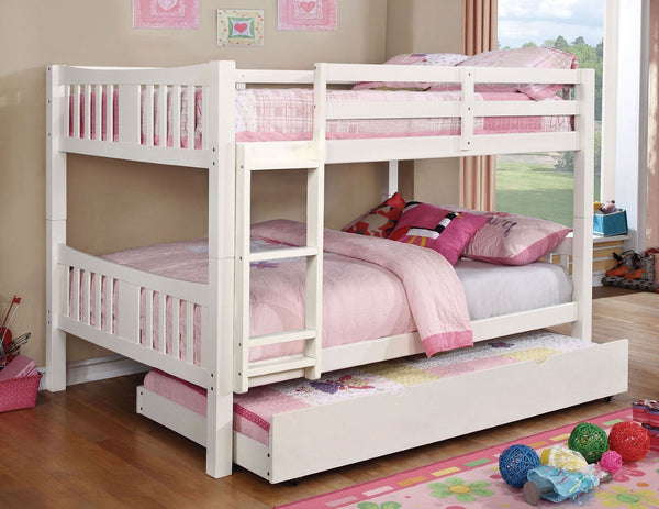 English Elm White Full-Over-Full Bunk Bed With Trundle, Attached Ladder & Safety Rails For Space-Saving Style B2741S00356-GIGA