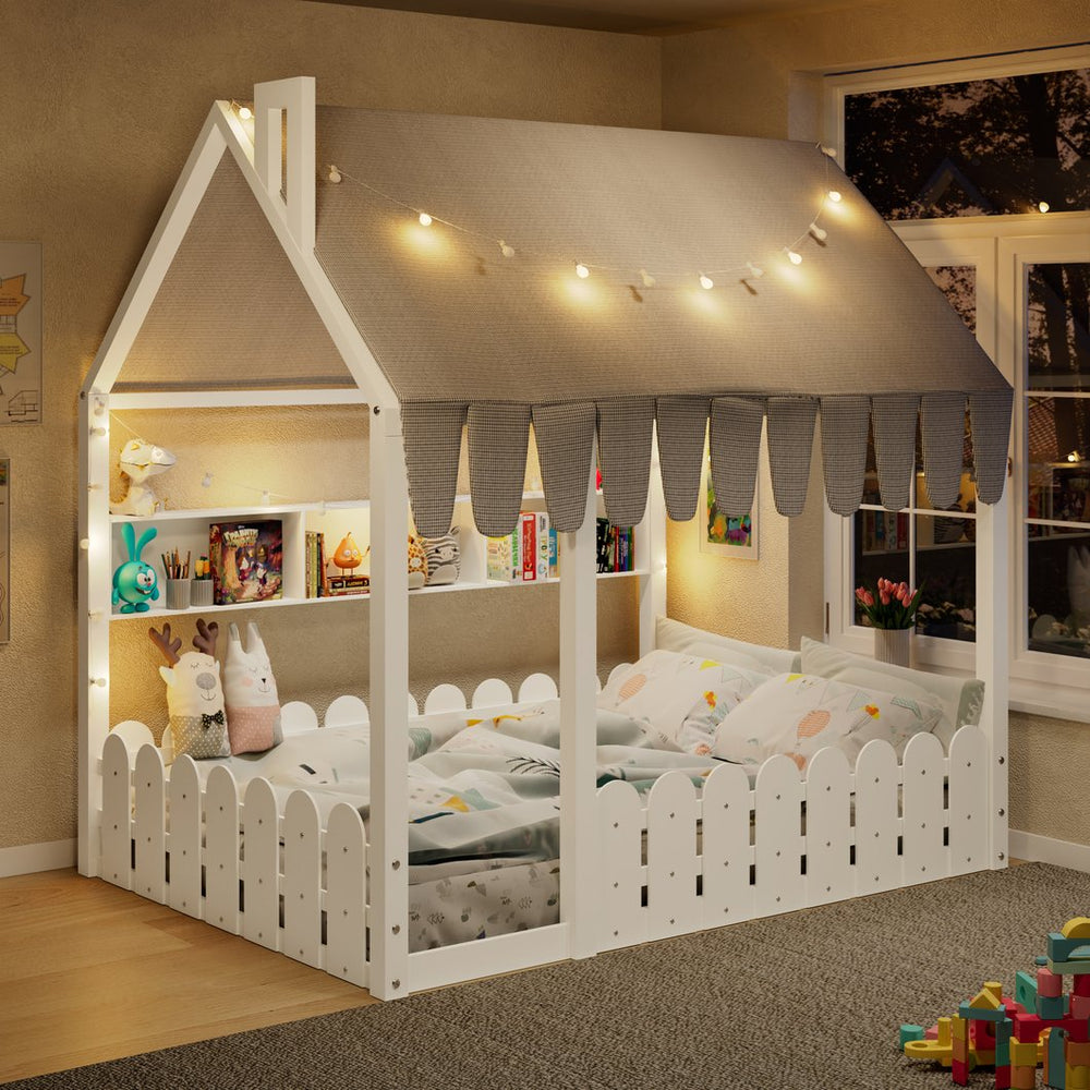 English Elm {slats Are Not Included} Twin Montessori House Floor Bed Kids Tent Lights Shelves Pinewood Frame White N708P407963K