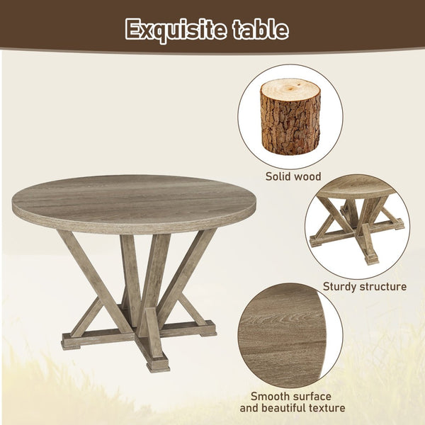 English Elm [5-Piece] Rustic Round Dining Table Set With Upholstered Chairs - Solid Wood, Farmhouse Charm & Comfort W2537S00001-GIGA