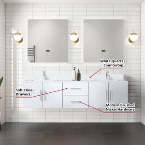 English Elm Glossy White 72 in Double Bath Vanity with Durable White Quartz Top, Chrome Faucet & 30in LED Mirrors B2731S01096