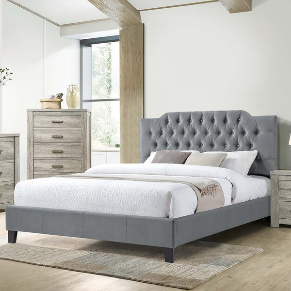 English Elm Gorgeous Arched Tufted Faux Leather Queen Bedframe with Diamond Headboard Trim and Modern Elegance Gray 59 L x 45 W x 6 H B011S02012