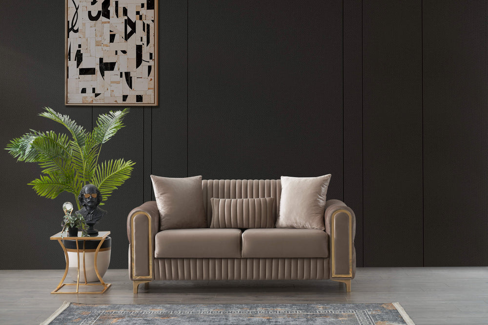 English Elm Melody Velvet Upholstered Sleeper Loveseat with Gold Accents, Vertical Channel Detailing & Convertible Comfort taupe B009S01526