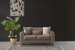 English Elm Melody Velvet Upholstered Sleeper Loveseat with Gold Accents, Vertical Tufting & Convertible Comfort taupe B009S01833