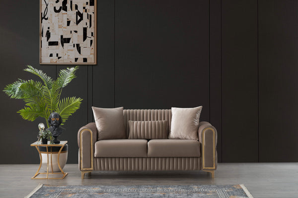 English Elm Melody Velvet Upholstered Sleeper Loveseat with Gold Accents, Vertical Tufting & Convertible Comfort taupe B009S01833