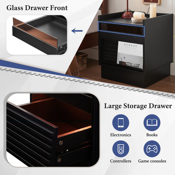 English Elm Christopher Knight Home® - Mid Mid Century Modern Nightstand with USB Charging Station, LED App-Control Lights, 2 Drawers, Sleek Design Black 22.24 L x 18.7 W x 7.09 H N761P255453B