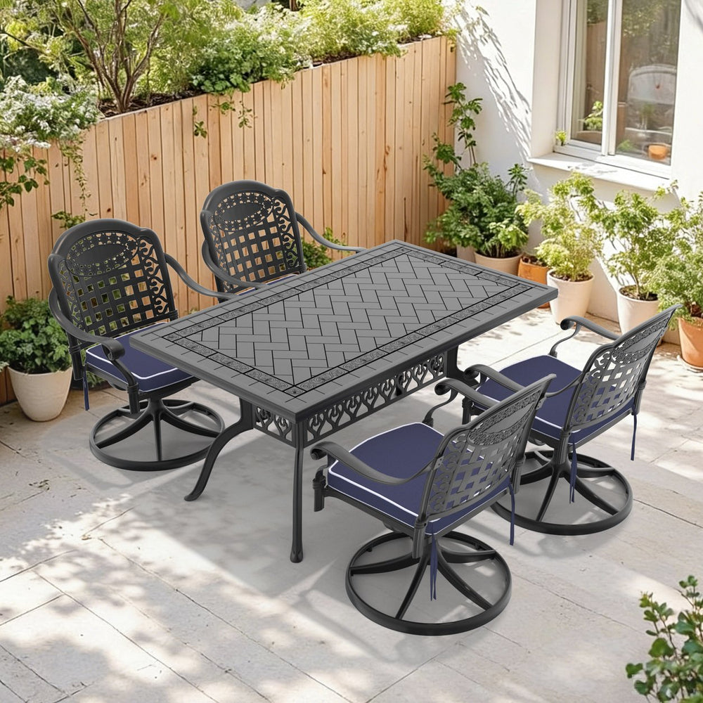 English Elm 5-piece Cast Aluminum Outdoor Dining Set with Swivel Chairs and Carved Patio Table W1710S00357