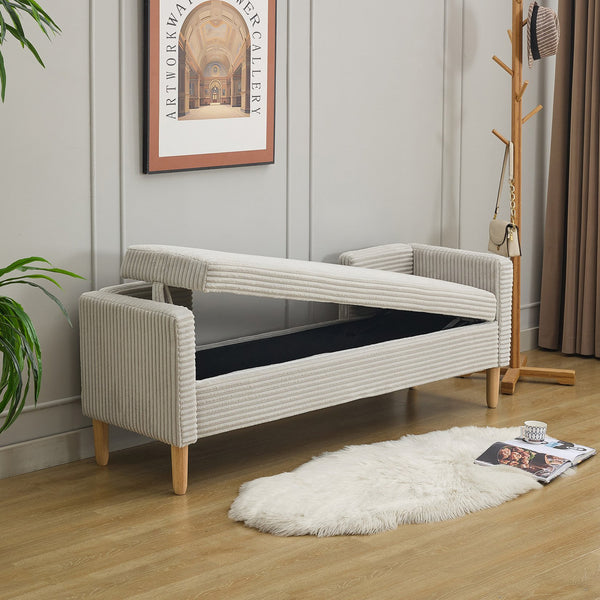 English Elm 65.35"wide Corduroy Storage Bench with Flip Top Bolster Pillows and Padded Backrest Light Gray W3118P410500