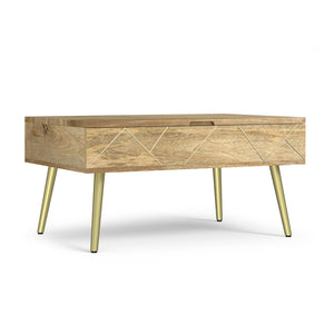 English Elm Jager Mango Wood Lift-Top Coffee Table with Hidden Storage, Gold Brass Inlays & Angled Iron Legs B136P203435