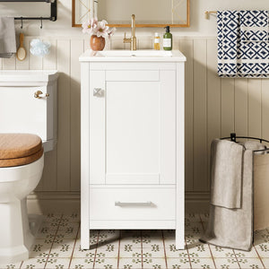 English Elm 18-Inch Modern Bathroom Vanity with Ceramic Sink, Soft-Close Doors, Divider Drawer & Adjusting Feet White N729P334854K