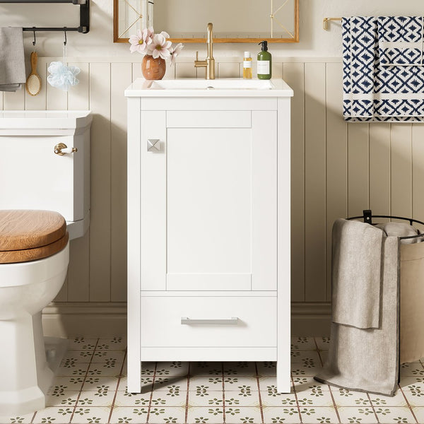 English Elm 18-Inch Modern Bathroom Vanity with Ceramic Sink, Soft-Close Doors, Divider Drawer & Adjusting Feet White N729P334854K